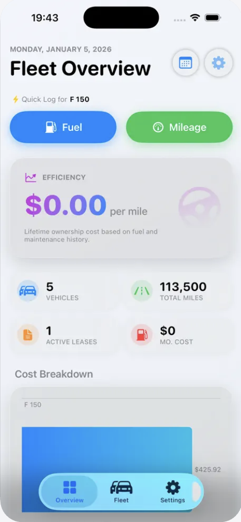 AutoFolio app screenshot showing fleet overview