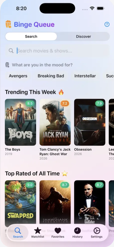 BingeQueue app screenshot showing trending titles