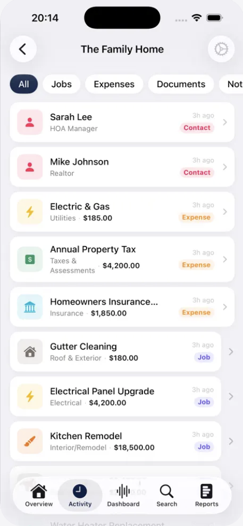 Dwelling Docs app screenshot showing property activity feed